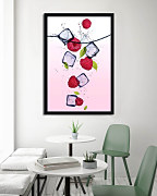 poster raspberries with ice cubes
